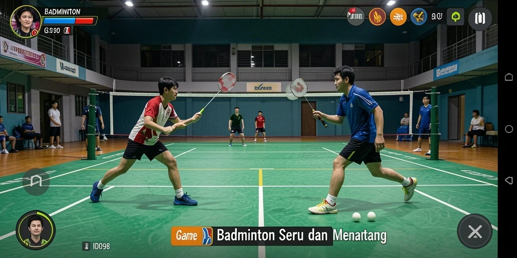 Tampilan antarmuka ID098 dengan grafik badminton yang memukau.
