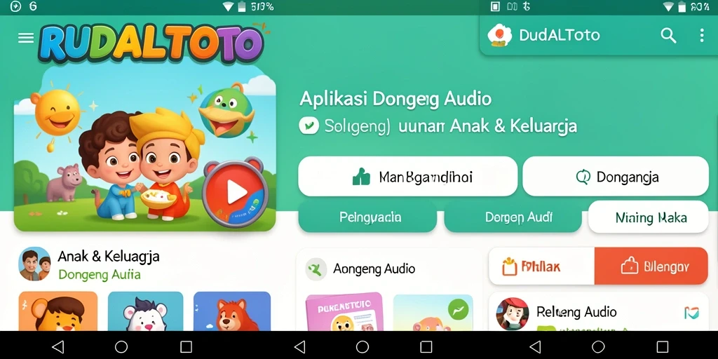 Antarmuka RUDALTOTO yang ramah anak dengan berbagai pilihan cerita audio.